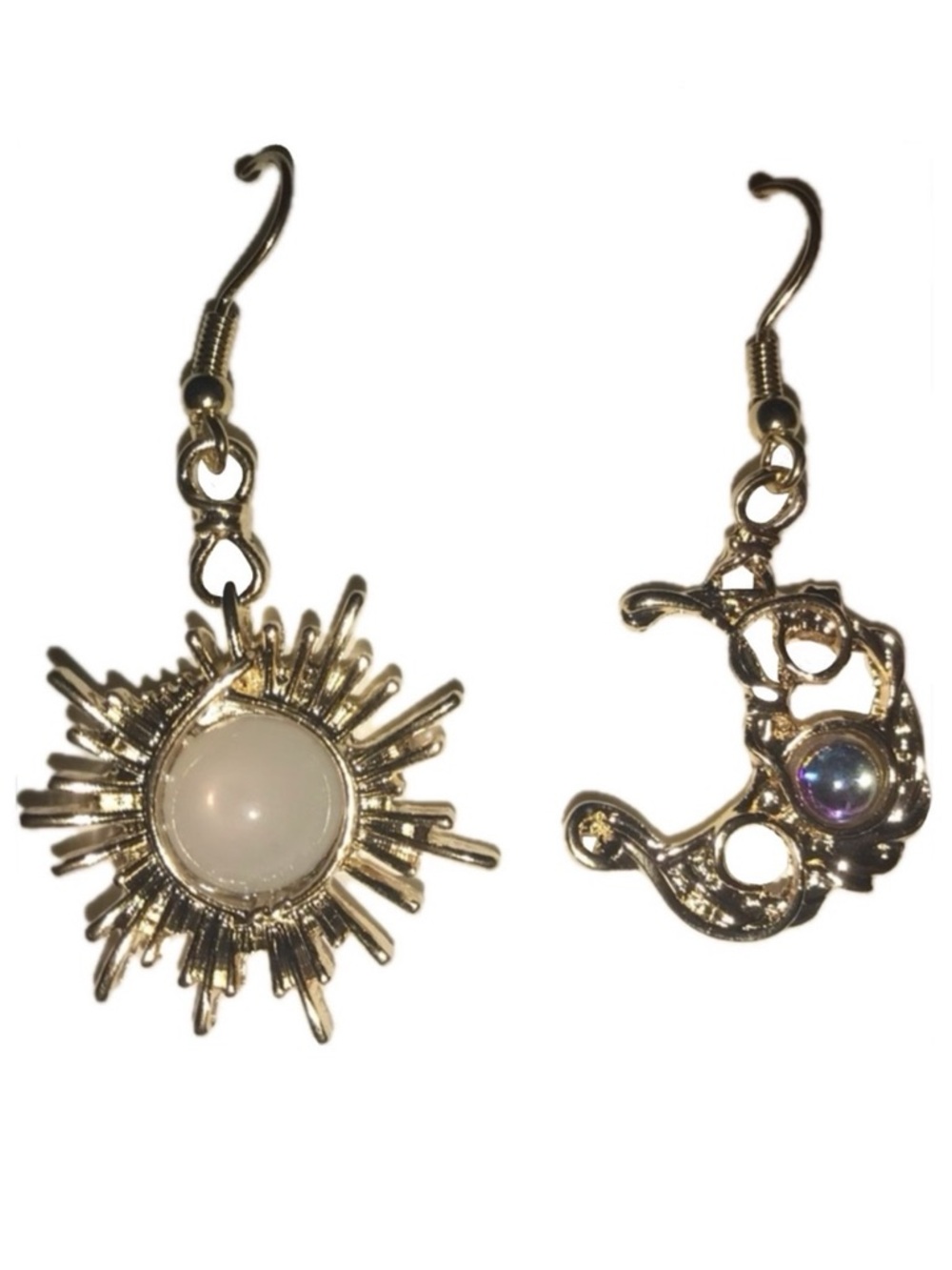“Bohemian Astrology” Sun Moon Gold Wire Wrapped Celestial Stone Mismatch Dangles